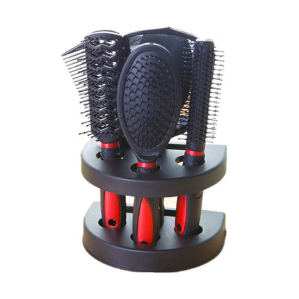 Red 5-Piece Hair Care Set with Rotating Stand – Includes Flat Comb, Styling Brush, Massage Comb, Round Brush, and Handheld Mirror.