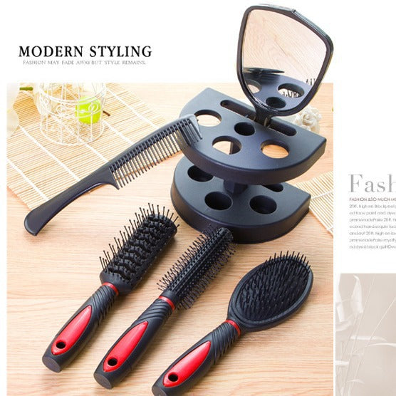 Blue 5-Piece Hair Care Set with Rotating Stand – Includes Flat Comb, Styling Brush, Massage Comb, Round Brush, and Handheld Mirror.