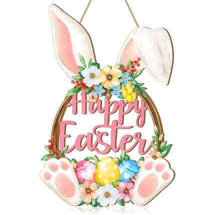 Happy Easter Wooden Wall Hanging Sign with Floral Design and Bunny Ears for Spring Home Decor Door Decoration.