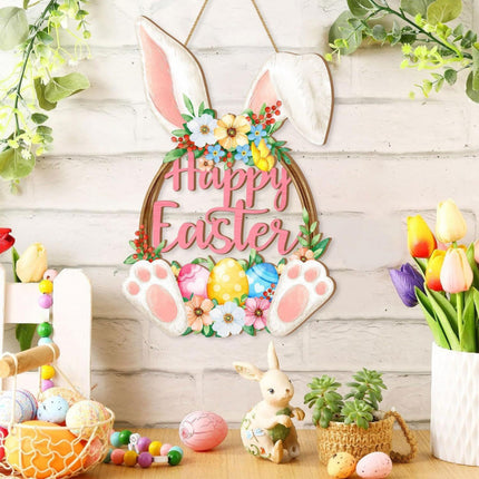 Happy Easter Wooden Wall Hanging Sign with Floral Design and Bunny Ears for Spring Home Decor Door Decoration.