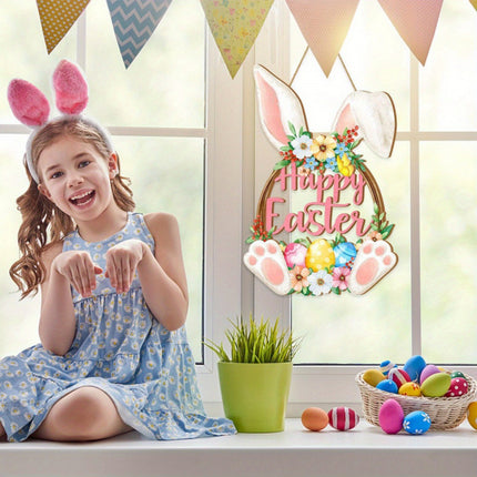 Happy Easter Wooden Wall Hanging Sign with Floral Design and Bunny Ears for Spring Home Decor Door Decoration.