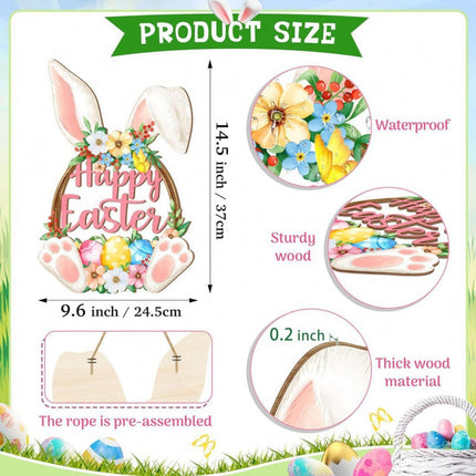 Happy Easter Wooden Wall Hanging Sign with Floral Design and Bunny Ears for Spring Home Decor Door Decoration.
