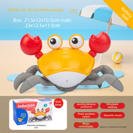 Electric Induction Crawling Crab Baby Toy Battery Operated with Silent Mode Music Off Switch Obstacle Avoidance Tummy Time Gift Sun Orange.