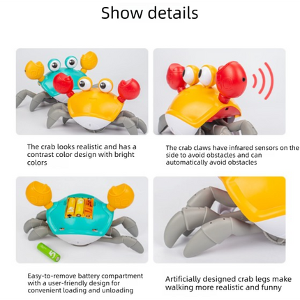 Electric Induction Crawling Crab Baby Toy Battery Operated with Silent Mode Music Off Switch Obstacle Avoidance Tummy Time Gift Sun Orange.