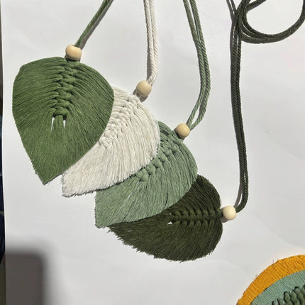 4 PCS Macrame Leaf Wall Hanging Set Handmade Cotton Boho Feather Ornaments Green & Beige for Nursery Home Decor.