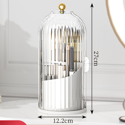 360 Degree Rotating Makeup Brush Organiser with Dustproof Lid Clear Cosmetic Storage Cylinder for Vanity Dressing Table Transparent White.
