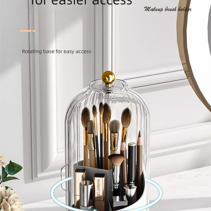 360 Degree Rotating Makeup Brush Organiser with Dustproof Lid Clear Cosmetic Storage Cylinder for Vanity Dressing Table Transparent White.
