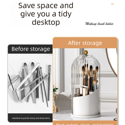 360 Degree Rotating Makeup Brush Organiser with Dustproof Lid Clear Cosmetic Storage Cylinder for Vanity Dressing Table Transparent White.