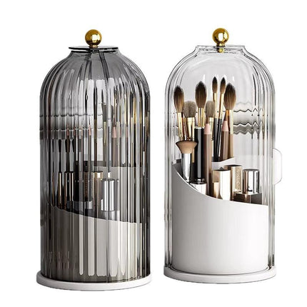 2 PCS Rotating Makeup Brush Organiser Set Dustproof Cosmetic Storage Holder White & Grey Duo for Vanity Bathroom.