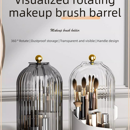 2 PCS Rotating Makeup Brush Organiser Set Dustproof Cosmetic Storage Holder White & Grey Duo for Vanity Bathroom.