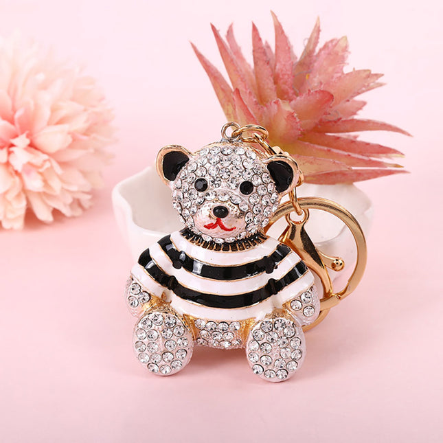 Black Stripe Crystal Bear Keychain Sparkly Rhinestone Bag Charm Cute Alloy Keyring Gift.