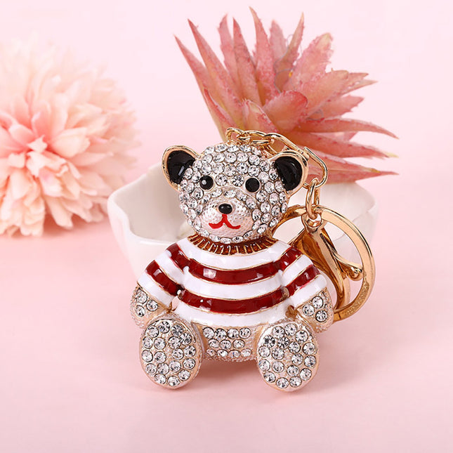 Red Stripe Crystal Bear Keychain Sparkly Rhinestone Bag Charm Cute Alloy Keyring Gift.