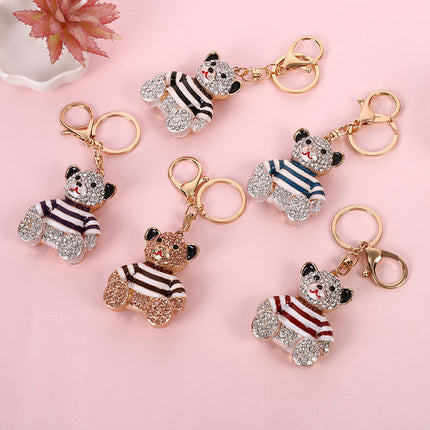 Red Stripe Crystal Bear Keychain Sparkly Rhinestone Bag Charm Cute Alloy Keyring Gift.