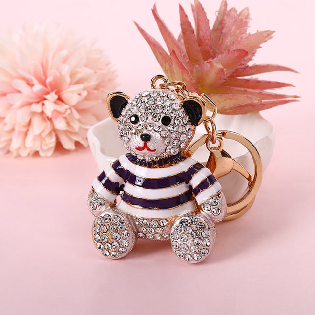 Purple Stripe Crystal Bear Keychain Sparkly Rhinestone Bag Charm Cute Alloy Keyring Gift.