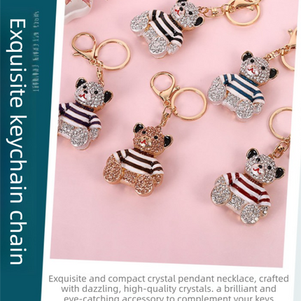 Purple Stripe Crystal Bear Keychain Sparkly Rhinestone Bag Charm Cute Alloy Keyring Gift.