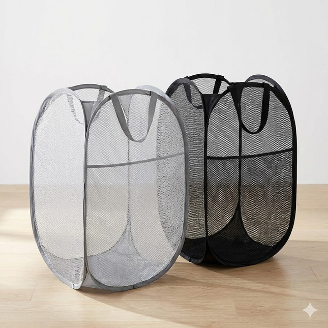 2 PCS Mesh Pop Up Laundry Hamper Collapsible Washing Basket with Side Pocket & Reinforced Handles Portable Dirty Clothes Bin for Dorm Travel & Toy Storage (Black & Grey).