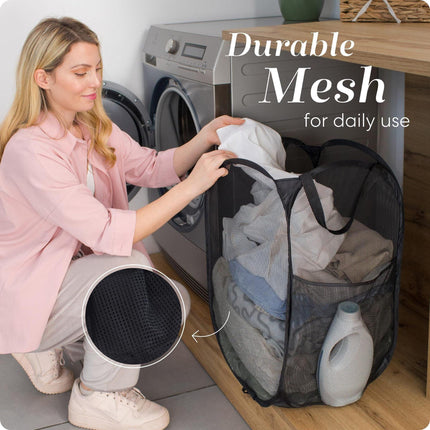 2 PCS Mesh Pop Up Laundry Hamper Collapsible Washing Basket with Side Pocket & Reinforced Handles Portable Dirty Clothes Bin for Dorm Travel & Toy Storage (Black & Grey).