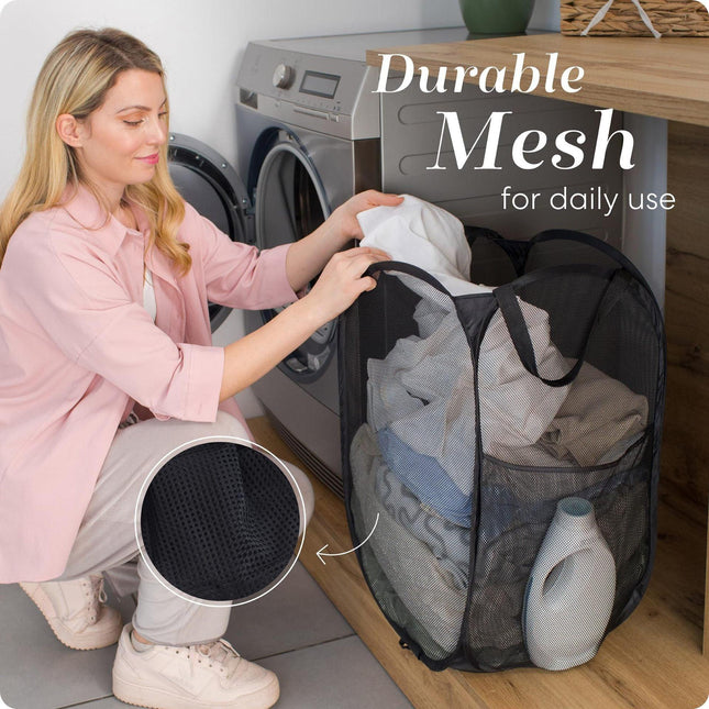 2 PCS Mesh Pop Up Laundry Hamper Collapsible Washing Basket with Side Pocket & Reinforced Handles Portable Dirty Clothes Bin for Dorm Travel & Toy Storage (Black & Grey).