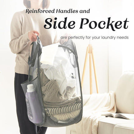 2 PCS Mesh Pop Up Laundry Hamper Collapsible Washing Basket with Side Pocket & Reinforced Handles Portable Dirty Clothes Bin for Dorm Travel & Toy Storage (Black & Grey).