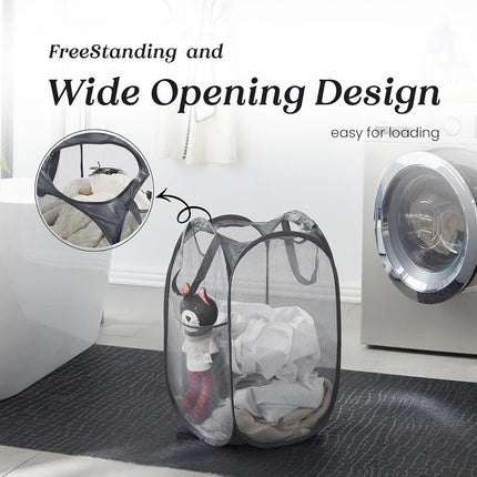 2 PCS Mesh Pop Up Laundry Hamper Collapsible Washing Basket with Side Pocket & Reinforced Handles Portable Dirty Clothes Bin for Dorm Travel & Toy Storage (Black & Grey).