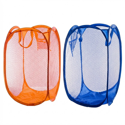 2 PCS Mesh Pop Up Laundry Hamper Collapsible Washing Basket with Side Pocket & Reinforced Handles Portable Dirty Clothes Bin for Dorm Travel & Toy Storage (Dark Blue & Orange).