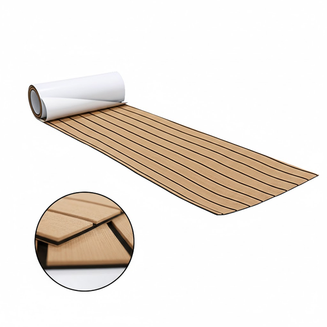 EVA Faux Teak Boat Flooring Sheet Marine Decking Mat Self Adhesive Non Slip Foam for Yacht Caravan & RV (Light Brown & Black, 240cm x 45cm).