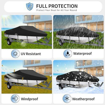20-22ft Waterproof Boat Cover Trailerable V-Hull Runabout UV Resistant Marine Grade Storage Tarpaulin with Straps (Black, 700cm x 320cm).