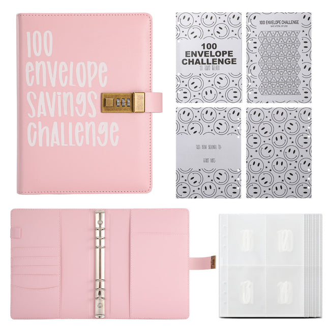 100 Envelope Savings Challenge Binder with Password Lock A5 Cash Stuffing Budget Planner Book Money Organizer for Couples (Pink).
