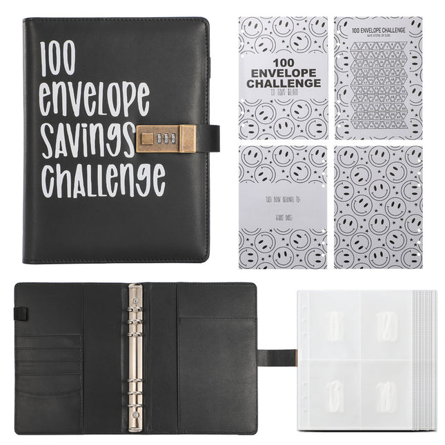 100 Envelope Savings Challenge Binder with Password Lock A5 Cash Stuffing Budget Planner Book Money Organizer for Couples (Black).