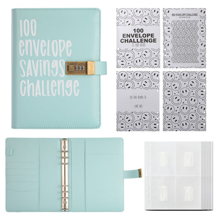 100 Envelope Savings Challenge Binder with Password Lock A5 Cash Stuffing Budget Planner Book Money Organizer for Couples (Blue).