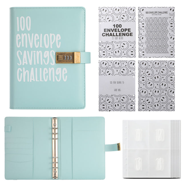100 Envelope Savings Challenge Binder with Password Lock A5 Cash Stuffing Budget Planner Book Money Organizer for Couples (Blue).
