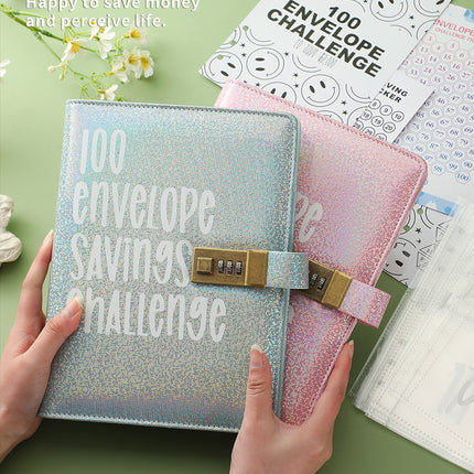 100 Envelope Savings Challenge Binder with Password Lock A5 Cash Stuffing Budget Planner Book Money Organizer for Couples (Blue).