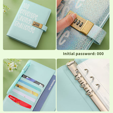 100 Envelope Savings Challenge Binder with Password Lock A5 Cash Stuffing Budget Planner Book Money Organizer for Couples (Blue).