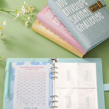 100 Envelope Savings Challenge Binder with Password Lock A5 Cash Stuffing Budget Planner Book Money Organizer for Couples (Blue).