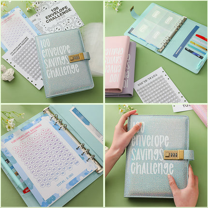 100 Envelope Savings Challenge Binder with Password Lock A5 Cash Stuffing Budget Planner Book Money Organizer for Couples (Blue).