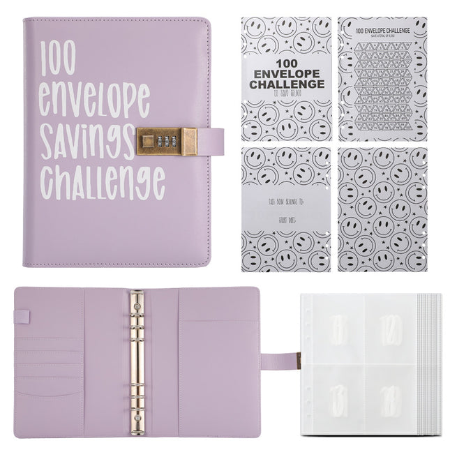 100 Envelope Savings Challenge Binder with Password Lock A5 Cash Stuffing Budget Planner Book Money Organizer for Couples (Purple).
