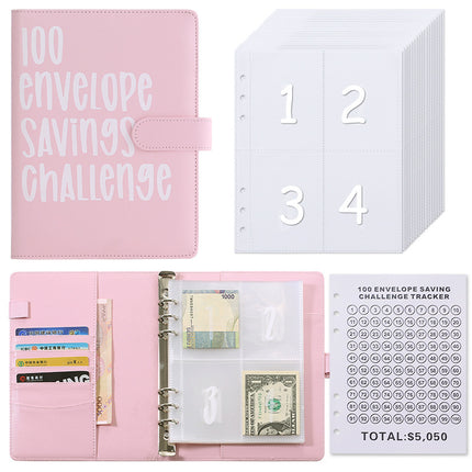 100 Envelope Savings Challenge Binder A5 Budget Planner Book PU Leather Cash Stuffing Money Organiser with Magnetic Closure & Tracker (Pink).