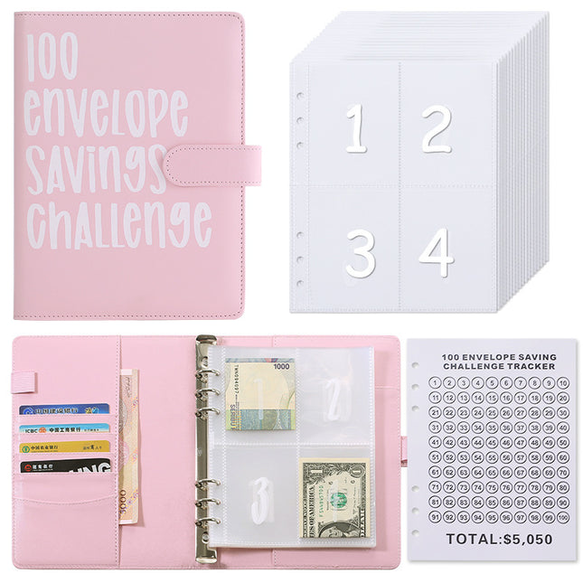 100 Envelope Savings Challenge Binder A5 Budget Planner Book PU Leather Cash Stuffing Money Organiser with Magnetic Closure & Tracker (Pink).