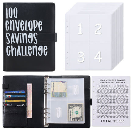 100 Envelope Savings Challenge Binder A5 Budget Planner Book PU Leather Cash Stuffing Money Organiser with Magnetic Closure & Tracker (Black).