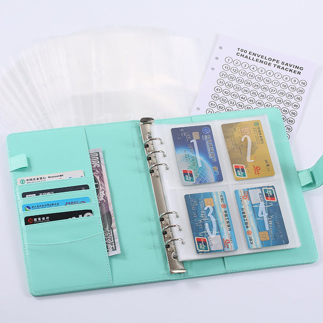 100 Envelope Savings Challenge Binder A5 Budget Planner Book PU Leather Cash Stuffing Money Organiser with Magnetic Closure & Tracker (Blue).