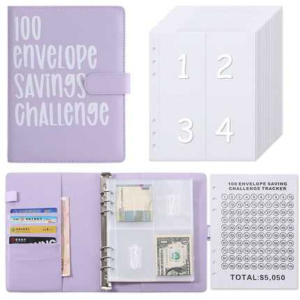 100 Envelope Savings Challenge Binder A5 Budget Planner Book PU Leather Cash Stuffing Money Organiser with Magnetic Closure & Tracker (Purple).