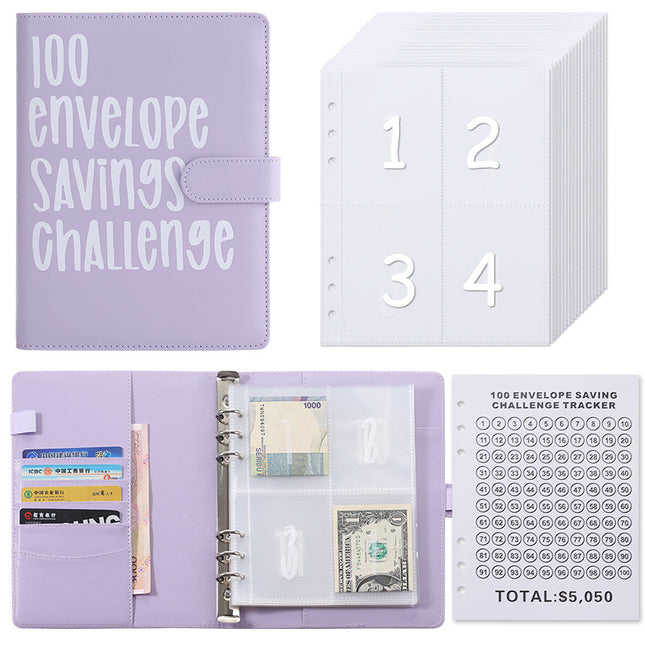 100 Envelope Savings Challenge Binder A5 Budget Planner Book PU Leather Cash Stuffing Money Organiser with Magnetic Closure & Tracker (Purple).