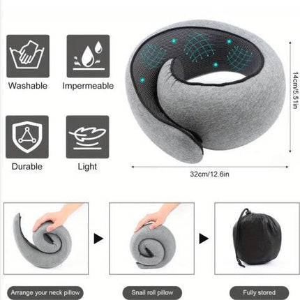 Memory Foam Travel Neck Pillow 360 Support Adjustable Snail Shape Chin Rest for Long Haul Flights Car & Office Portable with Storage Bag (Grey).
