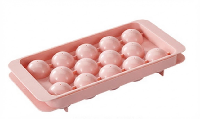 2 PCS Round Ice Cube Trays with Lids 14 Cavity Sphere Ice Ball Maker Mould Stackable Hard Plastic Easy Release for Whiskey Cocktails Pink.