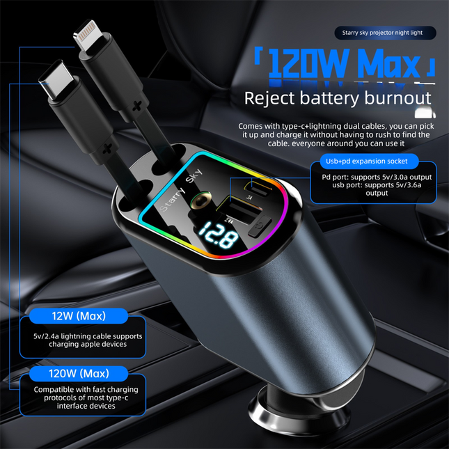 120W 4-in-1 Retractable Car Charger Adapter Fast Charging Dual Cables Type-C & Lightning LED Voltage Display Starry Projector for iPhone Samsung.