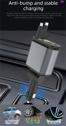 4-in-1 Retractable Car Charger Adapter 120W Max Fast Charging Dual Cables Type-C & Lightning Starry Sky Projector Light 12V-24V for iPhone Samsung.