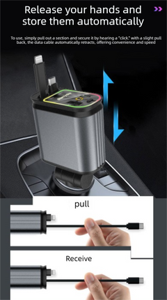 4-in-1 Retractable Car Charger Adapter 120W Max Fast Charging Dual Cables Type-C & Lightning Starry Sky Projector Light 12V-24V for iPhone Samsung.