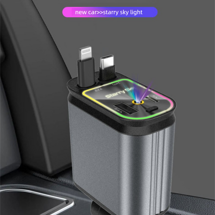 4-in-1 Retractable Car Charger Adapter 120W Dual Type-C Cables Starry Sky Projector Fast Charging for iPhone 15/16 Samsung Pixel.