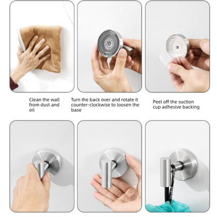 Heavy Duty Stainless Steel Suction Cup Hook Vacuum Wall Hanger Brushed Silver No Drill Towel Holder for Bathroom Kitchen & Shower - Waterproof.