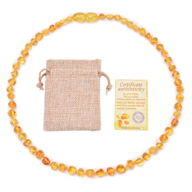Genuine Baltic Amber Necklace for Baby & Toddler - 33cm Hand Knotted Natural Beads - Certified Golden Honey Jewellery Gift with Pouch.